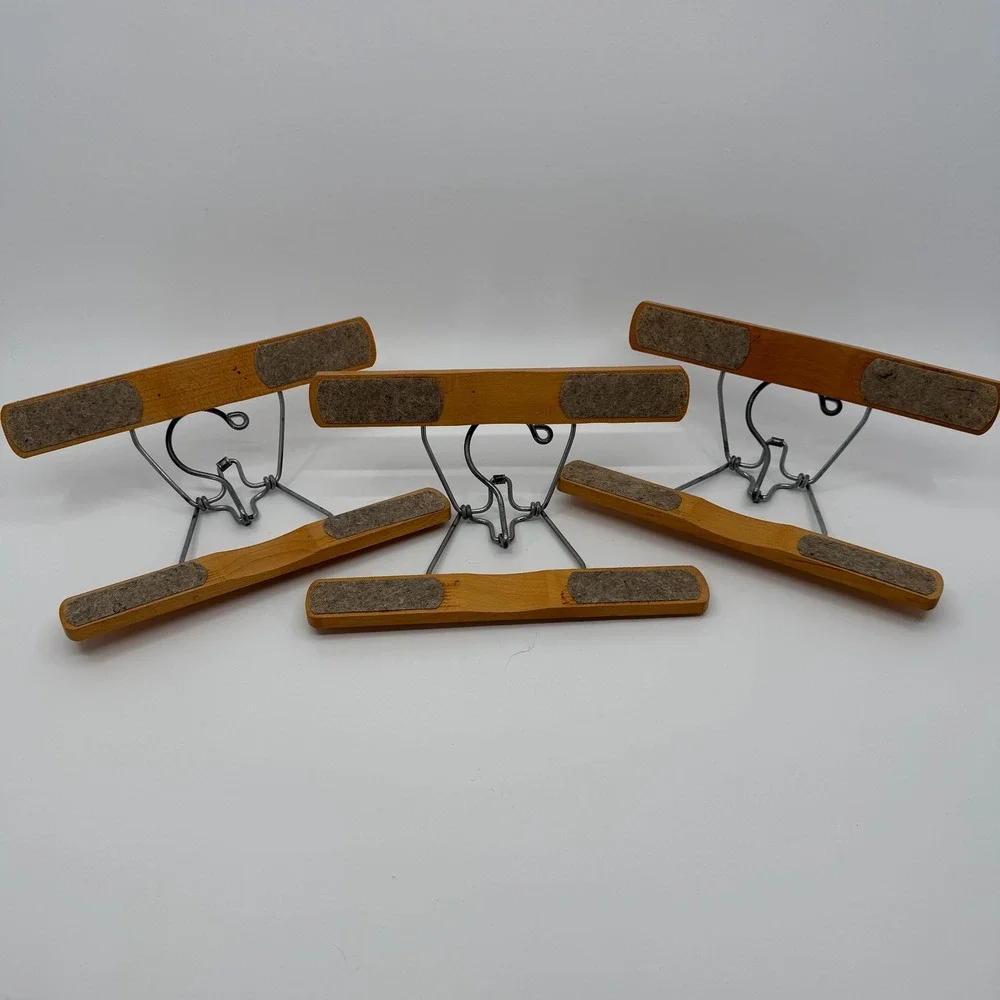 Vtg Setwell Clamp Pants Hangers LOT of 3 Wooden Metal Hook MCM Retro Clamping